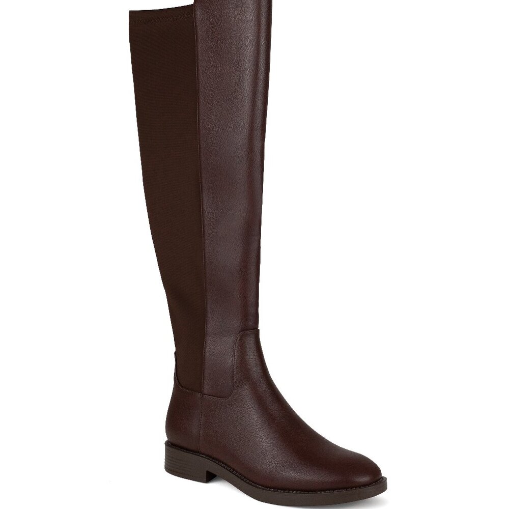 Stylish Modern Fashion Stretchy Leather Knee High Brown Riding Flat Boots